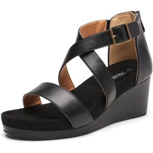 DREAM PAIRS Women's Open Toe Buckle Ankle Strap Summer Platform Wedge Sandals (8.5, Black/Pu)
