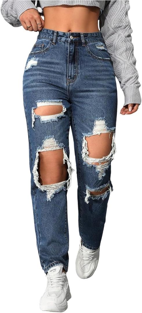 Floerns Women's High Waisted Distressed Jeans Straight Leg Casual Ripped Denim Pants (Blue, XXL)