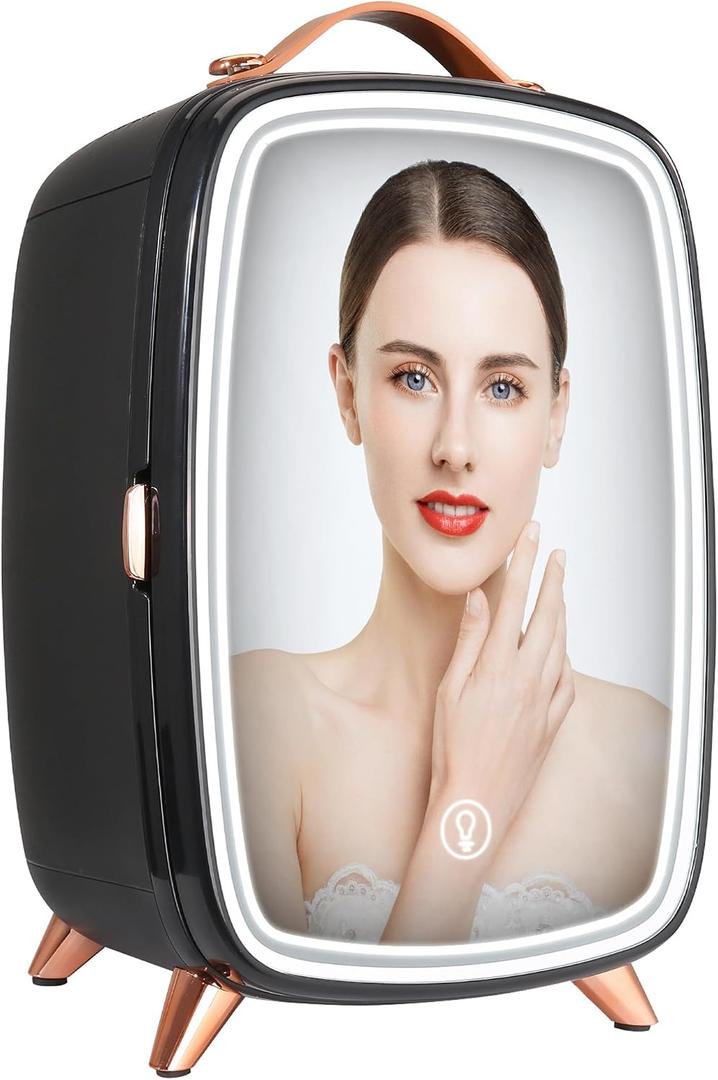 Mini Fridge, 6L Skincare Fridge with LED light and HD Mirror, AC/DC Makeup Fridges for Skin Care, Cosmetic Storage, Chill Face Mask Drink, Small Refrigerator for Bedroom Dorm Desktop, Black
