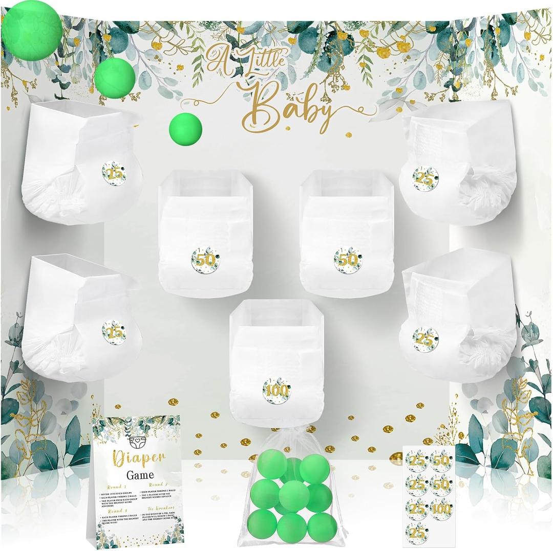 Ctosree 31 Pieces Greenery Baby Shower Diaper Game 1 Diaper Baby Shower Game Board 7 Diapers 10 Plastic Balls 1 Organza Bag for Bridal Games Boy Girl