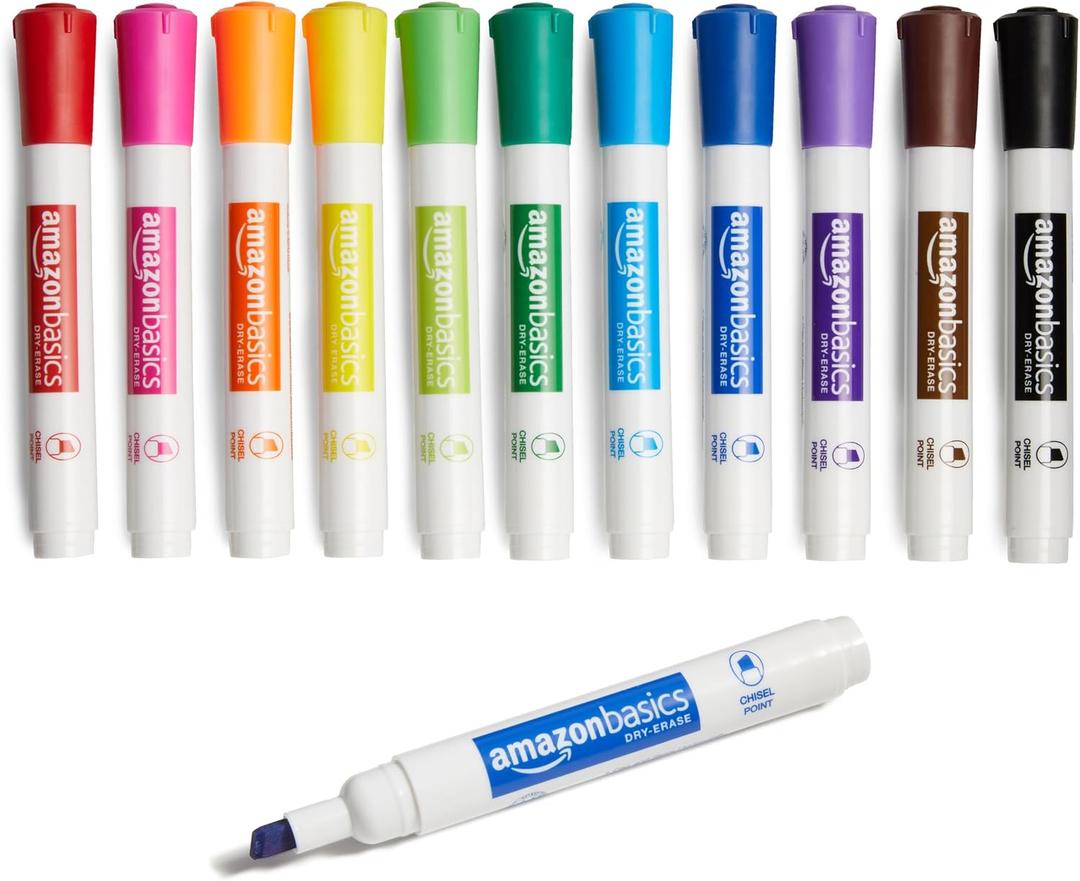 Amazon Basics Dry Erase Whiteboard Markers, Chisel Tip, Low-Odor, Assorted Colors, 12-Pack, Erase Easily