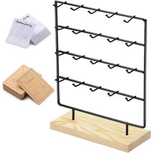 Earring Display Stands for Selling 4 Tier 20 Hooks Jewelry Display Wooden Base Earring Holder Organizer Display Stand for Earings Necklaces Rings Bracelets Keychains (Black)