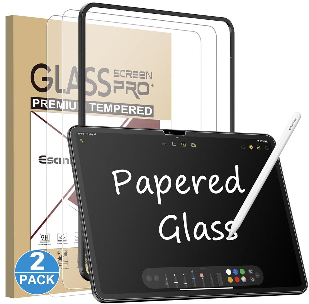 Esanik 2 Pack Like Paper Glass Screen Protector for iPad Air 13 Inch M3/M2 (7th/6th Generation, 2025/2024) 9H Tempered Glass Film with Alignment Frame, Writing Like on Paper, Apple Pencil Compatible