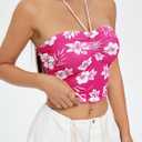 Women's Floral Print Halter Top Sweetheart Neck Ruched Tie Back Slim Fit Crop Tops (Pink, L)