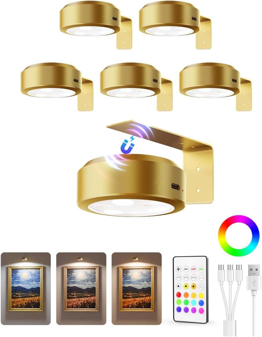 EZVALO Picture Lights for Wall, 2000mAh Rechargeable Battery Magnetic Poster Lights with 3 Color Temps & 12 RGB, Remote Dimmable Timer Painting Light, Wall Decor Light for Art Display, Frame (6 Pack) (Gold)