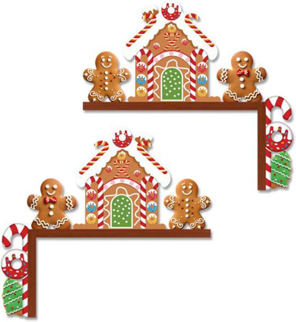 2 Pcs Christmas Door Topper Funny Gingerbread Candy Door Frame Corner Sign Decor Home Wooden Christmas Cabinet Knob Covers Party Ornament Props Gift for Wall Window DIY