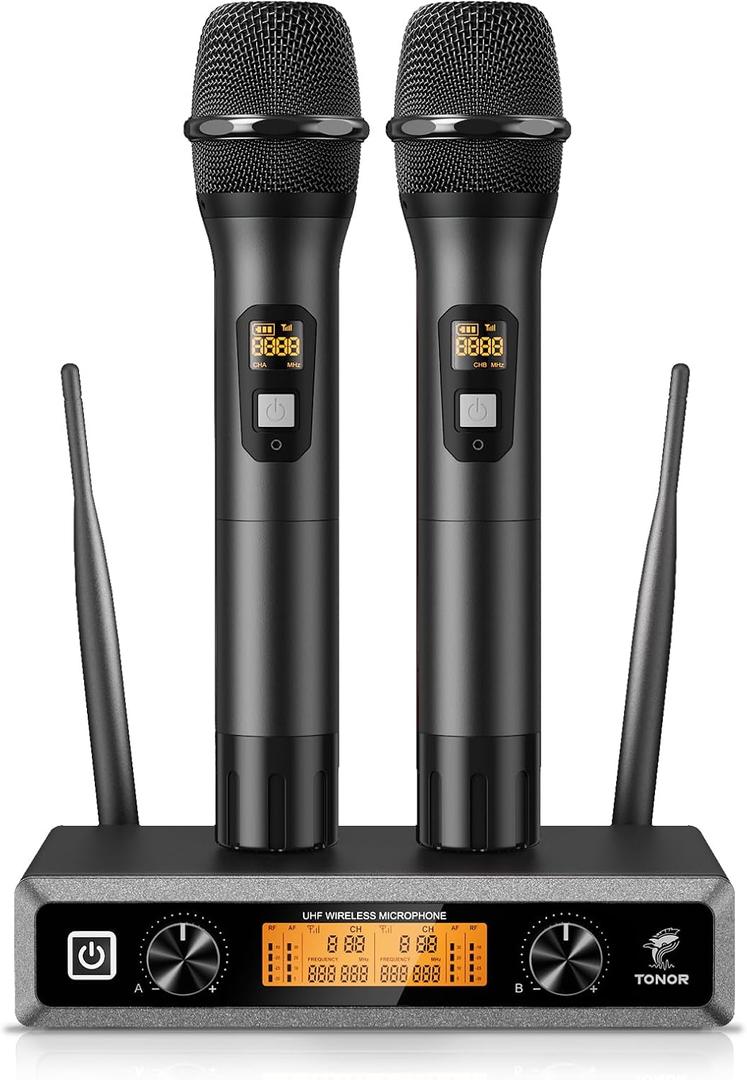 TONOR Wireless Microphone System, Professional Metal Cordless Karaoke Microphones, Handheld Dynamic Mic Set with Receiver for Party, Meeting, KTV, Church, DJ, Wedding, Singing, 200ft, TW820 Black (Black & Black)