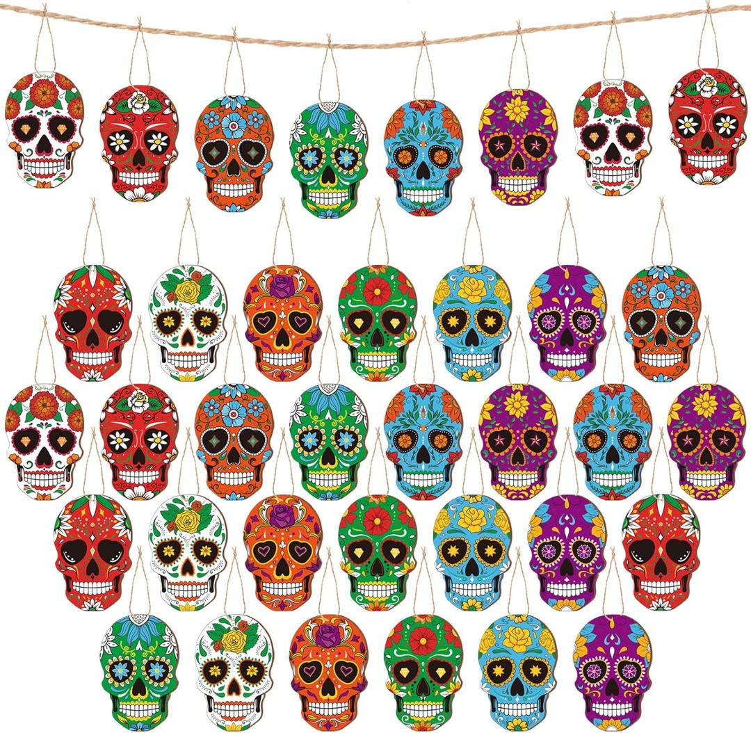 Hoteam 36 Pcs Day of The Dead Wooden Ornaments Dia De Los Muertos Sugar Skull Ornaments Halloween Hanging Skeleton Head Decorations for Holiday Party Christmas Tree Decoration