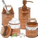 Autumn Alley Rustic Bathroom Accessories Set 4 - Copper Farmhouse Soap Dispenser, Toothbrush Holder, 2 Apothecary Jars Qtip Holder - Rustic Bathroom Decor  Farmhouse Bathroom Accessories