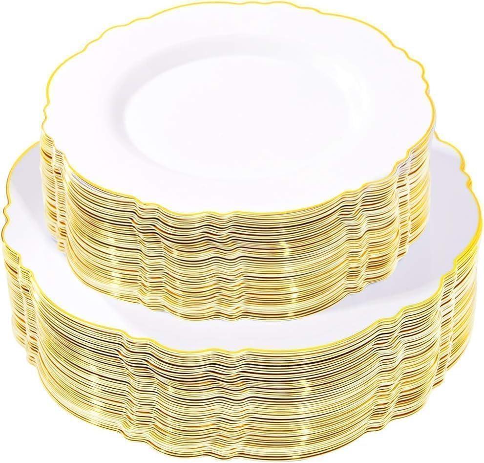 WDF 100pcs Gold Plastic Plates - High-end Baroque Design - Heavy Duty White &Gold Wedding Plates Set Ideal for Weddings/Party/Bridal Shower/Valentine's Day