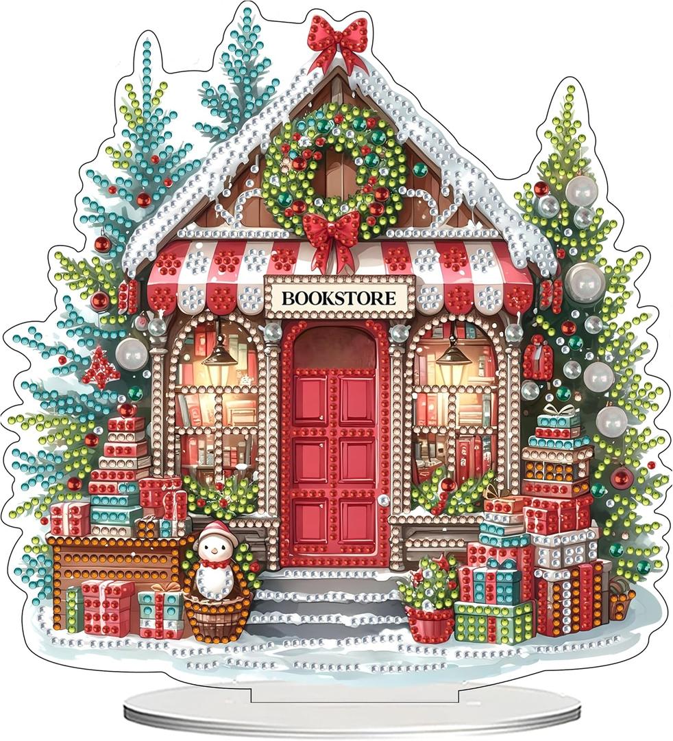 JJFox DIY 5D Tabletop Diamond Art Painting Kit Desktop Ornament Special Shaped Rhinestone Desk Placement Ornament Home Office Stand Up Gem Painting Craft Kit Gift (Christmas Bookstore)