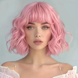 Curly Bob Wig with Bangs Short Wavy Pink Wigs for Women Natural Looking Synthetic Heat Resistant Fiber Bob Wig for Daily Party Use (Pink)