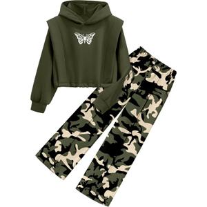Girls Clothes 2 Piece Outfits Butterfly Print Hoodies Solid Sweatshirts Sweatpants Clothing Sets with Pockets (Green Camo, Size 7-8y)