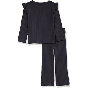 Amazon Essentials Girls and Toddlers' Wide-Rib Outfit Set, Pack of 2 (Small, Black)