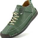 Women's Comfort Walking Shoes, Handstitched Pu Leather Ankle Boots, Green Slip-On Outdoor Flats (8)