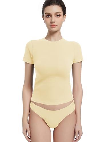 Abonlen Crewneck Short Sleeve T Shirts for Women Fitted Basic TeesY2k Going Out Tops (Small,Pale Yellow)