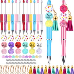 Tinlade 12 Pieces Beadable Pens Bulk with 50 Pcs Assorted Colors Beads Pens DIY Making Kit Multicolor Ballpoint Black Ink for Women Kids Students Office School(Sister Style)