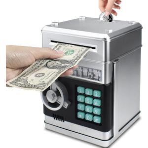 Mini ATM Piggy Bank ATM Machine Best Gift for Kids,Electronic Code Piggy Bank Money Counter Safe Box Coin Bank for Boys Girls Password Lock Case (Silver)