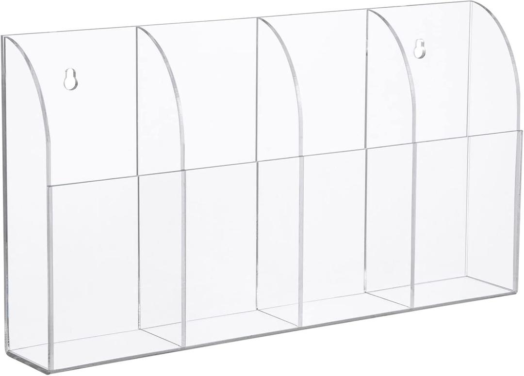 Yeeco Acrylic Remote Holder Wall Mount - 4 Compartment, Clear Acrylic Remote Control Holder, 10.4''1.6''5.6'' Wall Pen Holder, Pen & Makeup Key Organizer