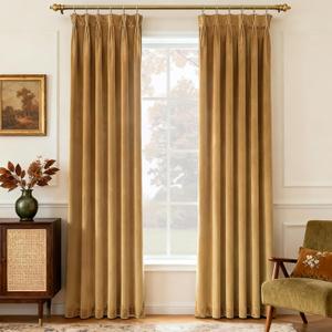 Golden Brown Triple Pinch Pleated Velvet Blackout Curtains 90 inches Long 2 Panel for Bedroom Thermal Insulated Living Room Darkening Velvet Drapes Thick Heavy Mordern Elegant Luxury Curtain 90 Length