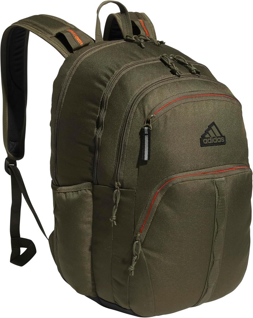 adidas Prime Backpack for Work, Travel Bag for Women and Men with Padded Compartment for Laptop (One Size, Olive Strata Green/Impact Orange/2)