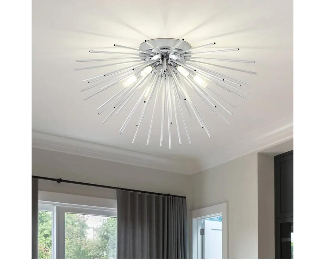 CM MZY Sputnik Flush Mount Ceiling Light Fixture, 6Light Chrome Firework Ceiling Lights, 19.6" Modern Chandeliers Close to Ceiling Lamp for Bedroom Kitchen Hallway Entryway, G9 Socket