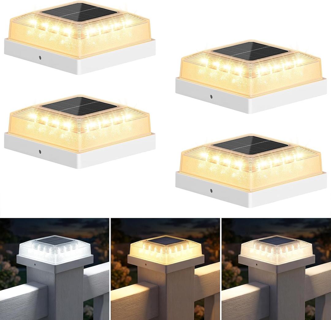 Brightever 4x4 Solar Post Cap Light 4-Pack, Fence Post Solar Lights with 3 Lighting Modes, Fits 4x4 3.5x3.5 Vinyl/Wood Posts, White Solar Powered Waterproof Deck Post Lights for Garden Patio Porch