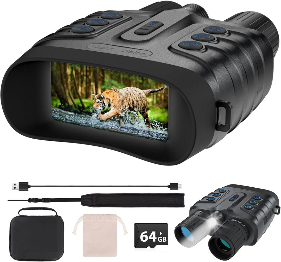Night Vision Goggles, 4K Full-Color Night Vision Binoculars for Adults with 3" HD Screen, 10000mAh Battery & 1968FT Night Vision Range, 64GB Card, 850nm Infrared, 8X Zoom, Ideal for Camping & Hiking (Black)