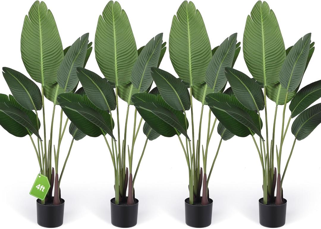 Crowye 4 Pack 4Ft Artificial Bird of Paradise Plants Faux Palm Tree with 10 Trunks Banana Leaf Artificial Plant Real Touch Leaves Fake Tree with Plastic Pot for Indoor Outdoor Home Living Room Office (Cute)