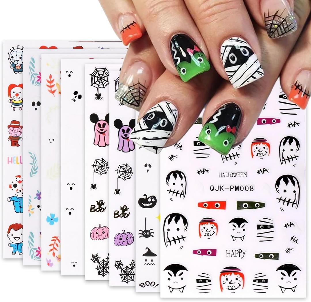 5 x 8 Sheets Halloween Nail Art Stickers Cute Pumpkin Little Ghost Nail Decals 3D Self-Adhesive Halloween Nail Stickers Mummy Nail Art Designs Accessories for Women Holiday Manicure Decor (Style 5)