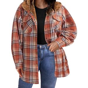 IN'VOLAND Plus Size Women Flannel Plaid Shacket Jacket Long Sleeve Button Down Fleece Hooded Jackets Fall Winter Coat (Gz688)