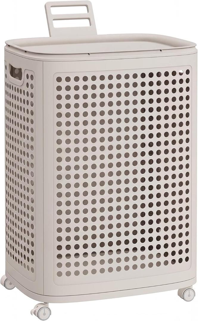 SONGMICS Laundry Hamper with Wheels, Plastic Laundry Basket, 19.8 Gallons (75 L), Slim Storage Basket, for Bathroom, Bedroom, Cappuccino Beige URLH020L101