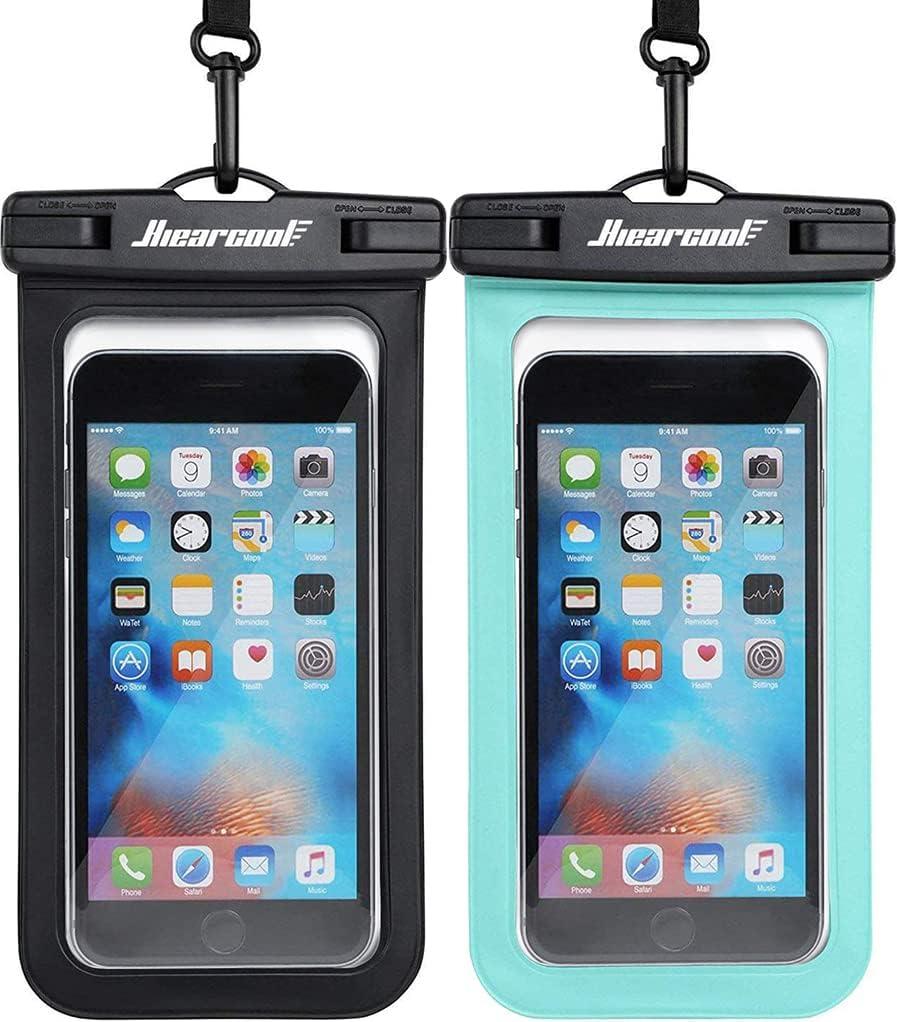 Hiearcool Waterproof Phone Pouch, IPX8 Waterproof Phone Case for iPhone 17/16/15/14 Pro Max, Cell Phone Dry Bag for Beach & Cruise Essentials, Touch Screen, Lanyard Included, 2 Pack (Fits Up to 8.3) (Black & Green)