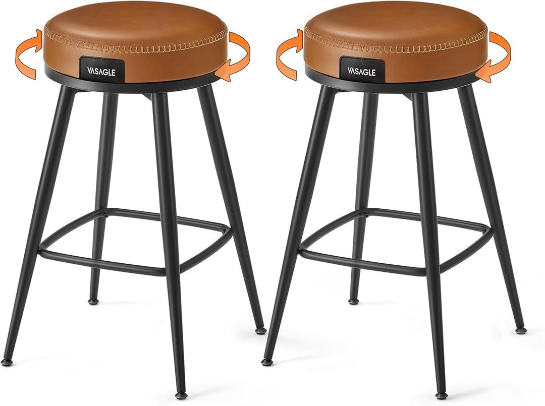 VASAGLE EKHO Collection - Swivel Bar Stools Set of 2, Counter Height Backless Bar Stools, Synthetic Leather with Stitching, Mid-Century Modern, 25.6-Inch Tall Kitchen Barstools for Home, Caramel Brown