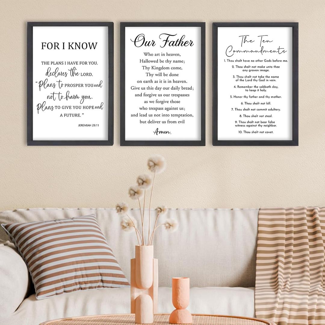 FZMHASLWW Bible Verse Scripture Wall Decor Art 24"16" Inspirational Quotes Set of 3 Christian Sign Wood Framed Wall Hanging (Black