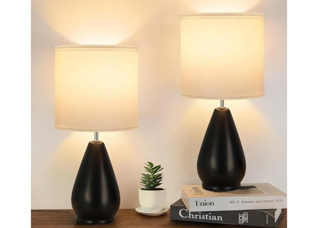 Ceramic Table Lamps Set of 2, Small Black Bedside Lamps for Bedroom Modern Nightstand with 3 Color Temperatures for Living Kid’s Room Reading Office Dorm (2 Bulbs Included)