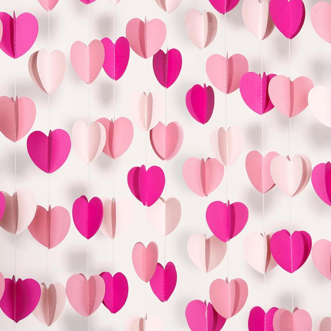 GCQQ Valentines Decorations - 3D Hot Pink Valentine's Day Decoration Paper Garland 39Ft Bridal Shower Decorations Hanging Heart Streamers for Mothers Day Galentines Day Wedding Birthday Party Decor