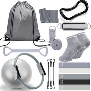 RoundFunny Pilates Ring Circle Set 18 Pcs Exercise Equipment Accessories for Women Workouts Pilates Ball Stretching Strap Magic Circle Yoga Ring Gym Back Bag Resistance Band Anti Slip Socks (Grey)