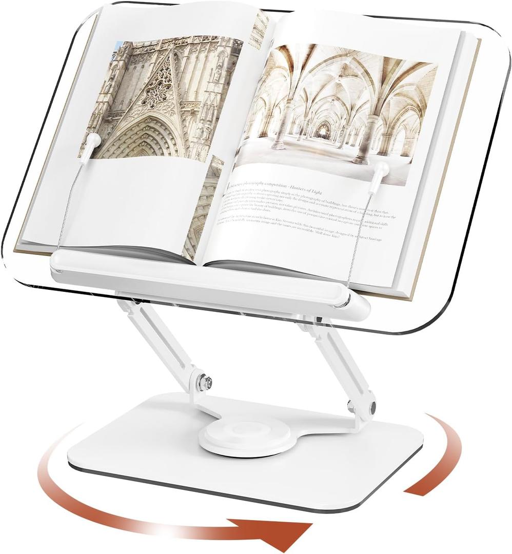 BYMECOST Acrylic Book Stand for Reading, Adjustable Book Holder with 360 Rotating Base & Elastic Page Clips, Foldable Desktop Riser Stand for Cookbook,Laptop,Tablet,Music Scores,Recipe,Textbook
