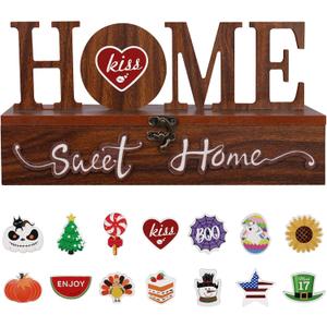 JIALEIXI Interchangeable Home Sweet Home Sign, Wooden Seasonal Tabletop Plaque Decorations, for All Seasonal Desktop House Living Room Indoor Decor. (Brown)