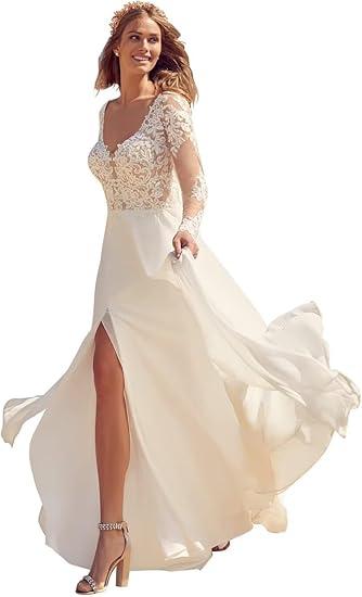 Dexinyuan Lace Boho Wedding Dress for Bride 2025 Chiffon Long Sleeve Bohemian Beach Bridal Gowns with Slit 14