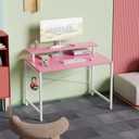 Pamray 32 Inch Small Computer Desk with Monitor Stand, Simple Office Desk with Headphone Hook for Small Spaces, Kids Study Writing Table for Bedroom, Pink