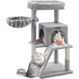 Feandrea Cat Tree, Small Cat Tower with Widened Perch for Large Cats Indoor, Kittens, 96 cm Multi-Level Cat Condo, Scratching Posts and Ramp, 2-Door Cat Cave, Cat Basket, Light Gray UPCT51W
