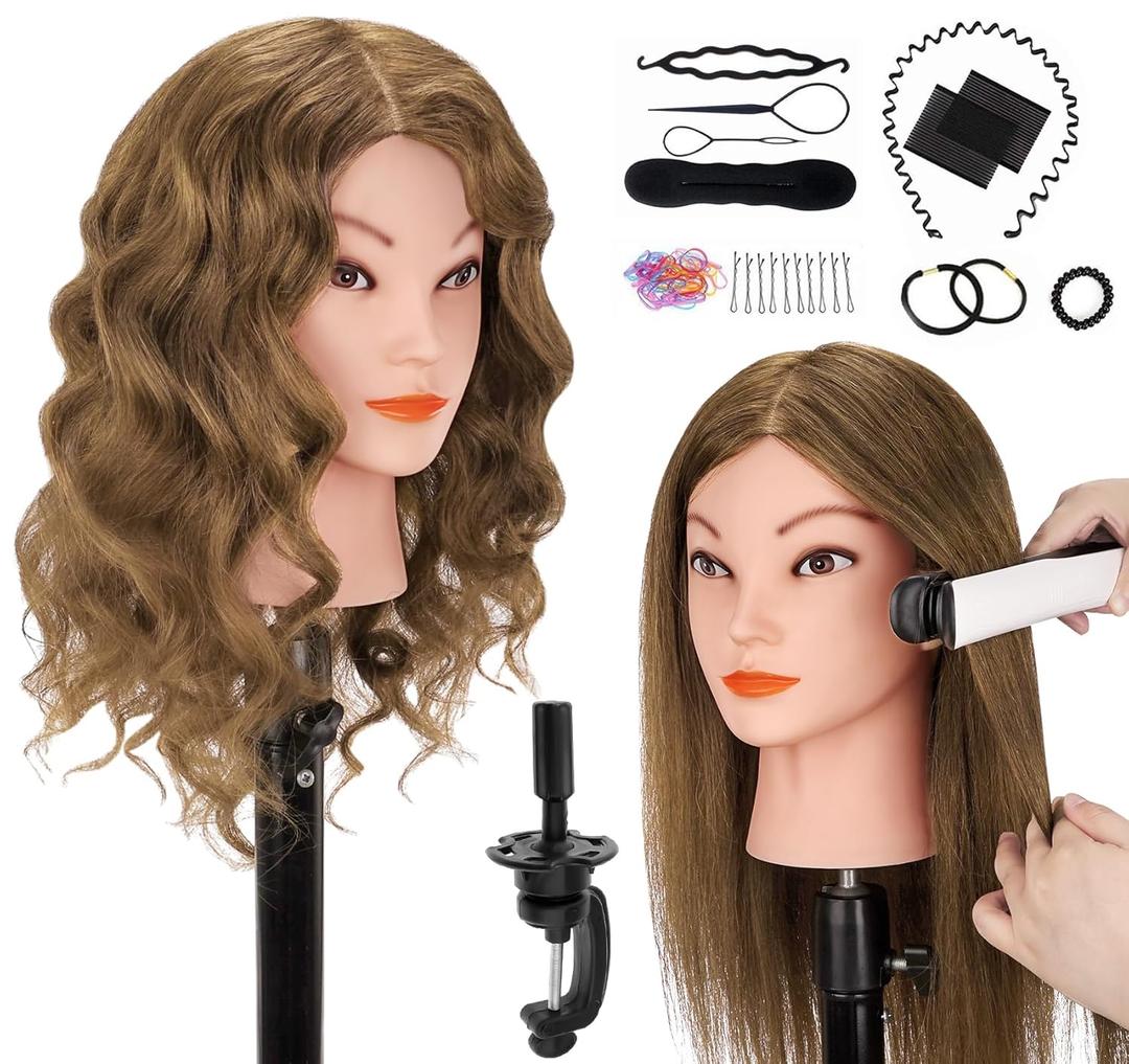 Mannequin Head with 100% Real Human Hair, Beauty Star 18" Gold Brown Hair Art Manikin Cosmetology Head, Doll Manican Head to Practice Hair Styles, Hairdressing Training Head and Stlyist Suppliew