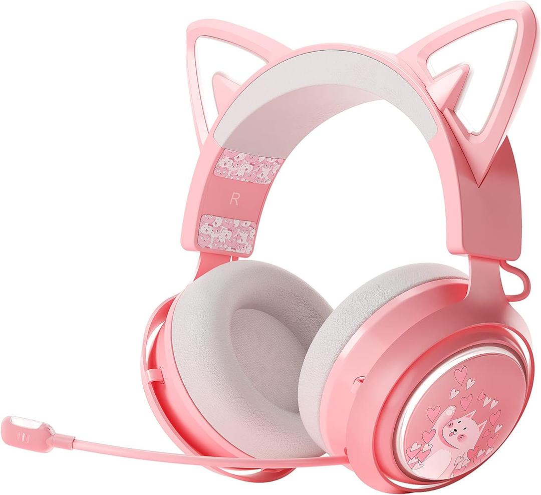 Wireless Cat Ear Headphones, Pink Gaming Headset Bluetooth 5.0 for Smartphone, Retractable Mic, 50mm Drivers, RGB Lighting Headset with Mic (USB Dongle Not Included)