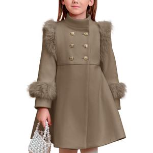 Haloumoning Toddler Girls Faux Fur Dress Coat Kids Winter Warm Jacket Long Sleeve Button Wool Coat 12 Months - 12 Years (Camel)