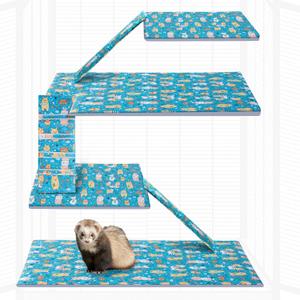 7 Pcs Ferret Cage Liner Washable Ferret Pads Bedding Cage Accessories Kit for Small Animals Hamster Rats Chinchillas Hedgehogs Guinea,Stain-Resistant Material (Double Unit Set,Cartoon Teal)