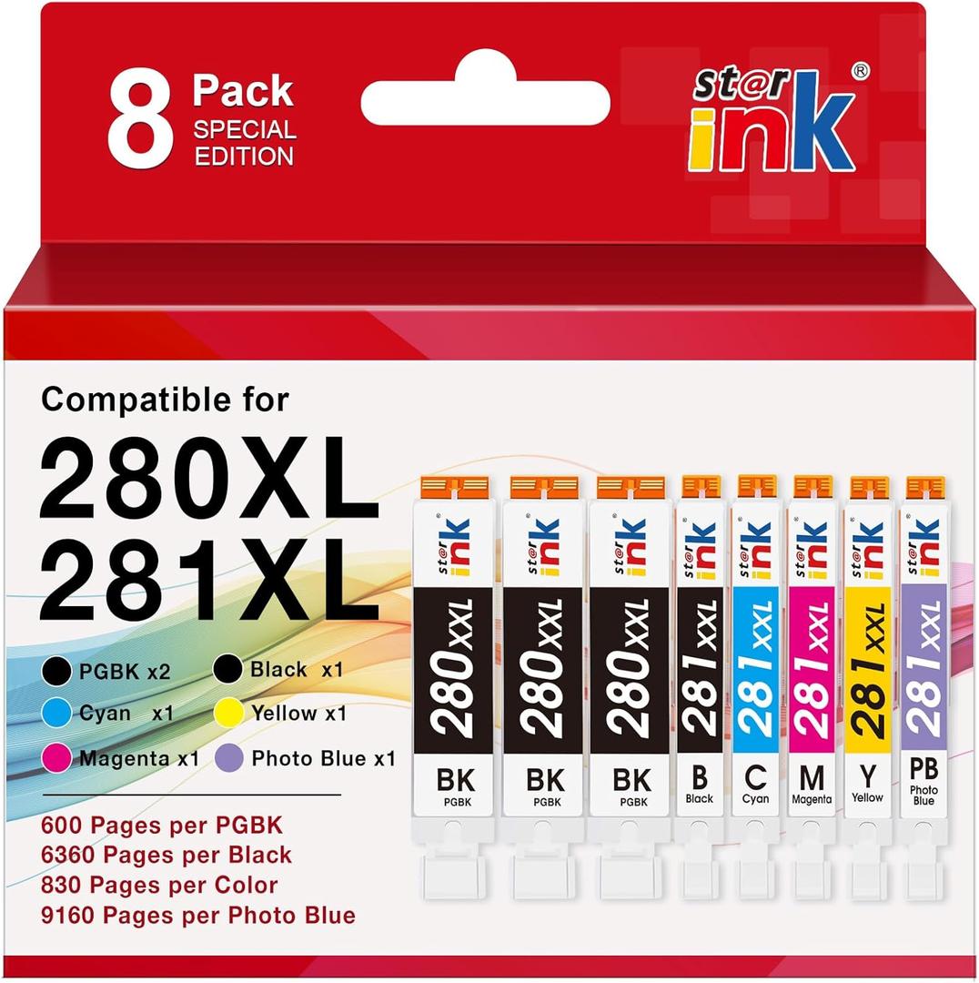 280XXL 281XXL Replacement for Canon 280 281 Ink Cartridges Compatible for Canon TS8320 TS8222 TS8300 TR8620a TS9120 TS8120 TR8520 TR7520 TS6220 Printer(3PGBK/BK/C/M/Y/PB) 8-Pack