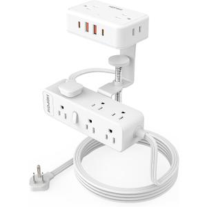 Dual Layer Desk Clamp Power Strip（White）, Desktop Edge Mount Charging Station with 13 Outlets 4 USB Ports (2 USB C), Under Desk Surge Protector(1700 Joules), 10 Ft Extension Cord for Office