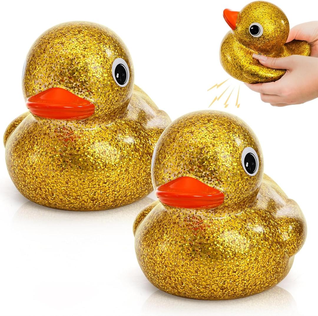 Goaste 2 Pack Giant Glitter Rubber Ducks, 6.7 Inch Big Yellow Ducky, Large Sparkly Toy Duckies with Squeaky Sound, Bathtub Floating Rubber Ducks for Baby Shower, Birthday Party, Summer Beach